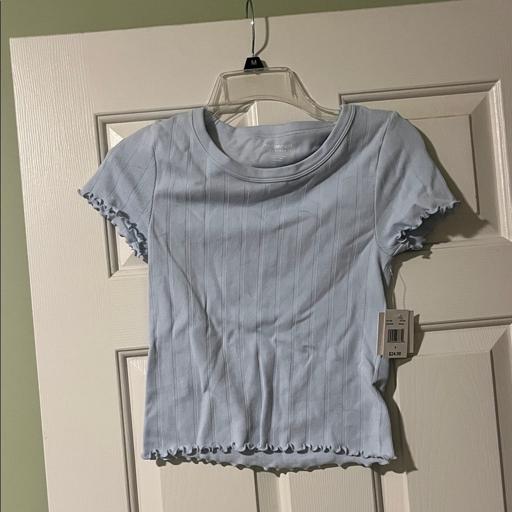 Light Blue Ribbed Lettuce-Edge Crop Tee - Women